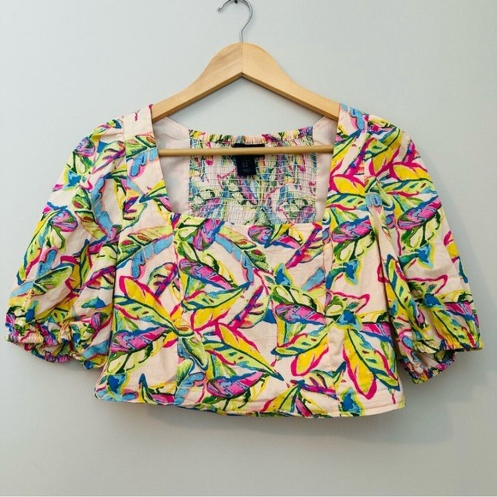 Rachel Roy Tropical Puff Sleeve Smocked Crop Top Medium Coastal Prep Y2K - Picture 3 of 8